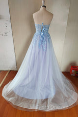 Blue Tulle Lace Long Formal Prom Dress, Blue Strapless Evening Dress with Slit