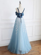 Blue tulle lace long Formal Prom Dresses, blue tulle formal Dresses