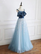 Blue tulle lace long Formal Prom Dresses, blue tulle formal Dresses