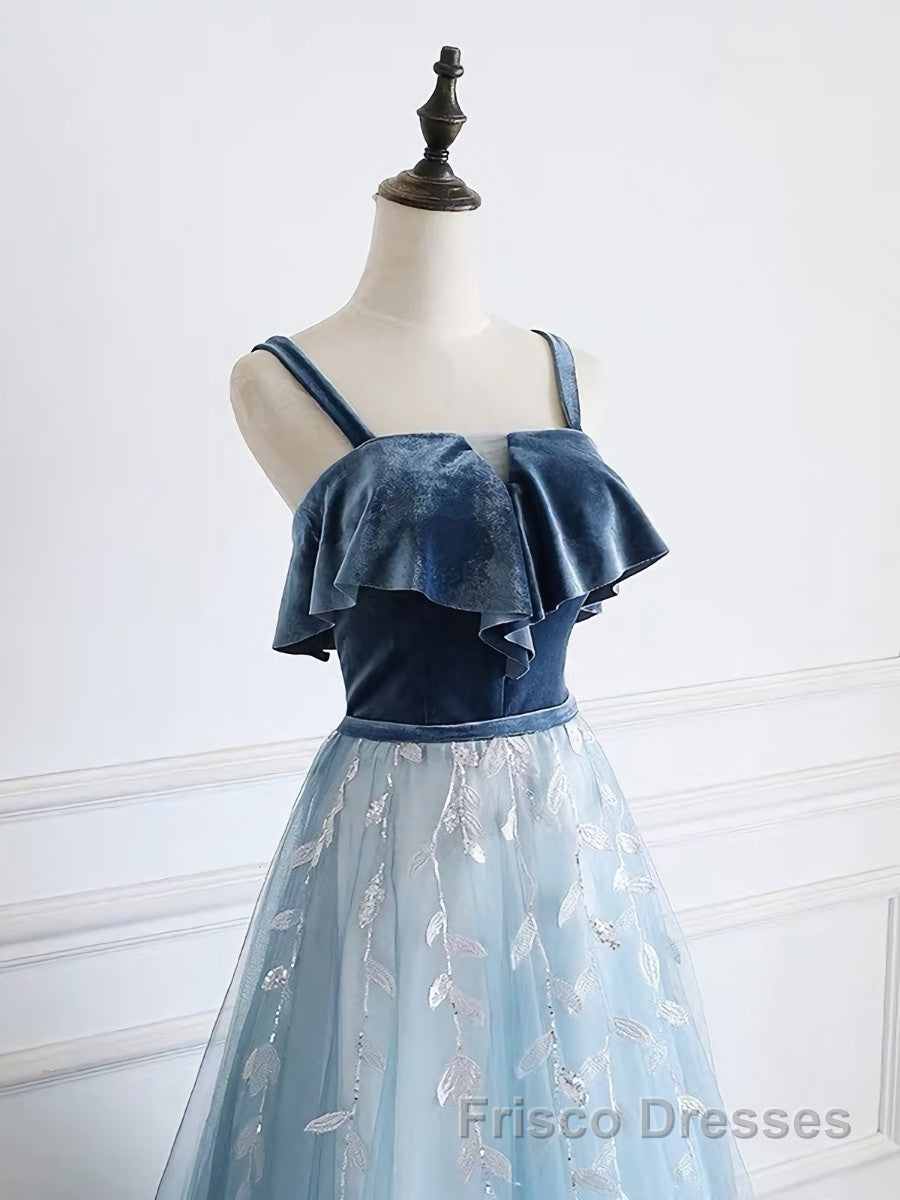 Blue tulle lace long Formal Prom Dresses, blue tulle formal Dresses