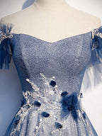Blue Tulle Lace Long Formal Prom Dress, Blue Tulle Lace Bridesmaid Dress