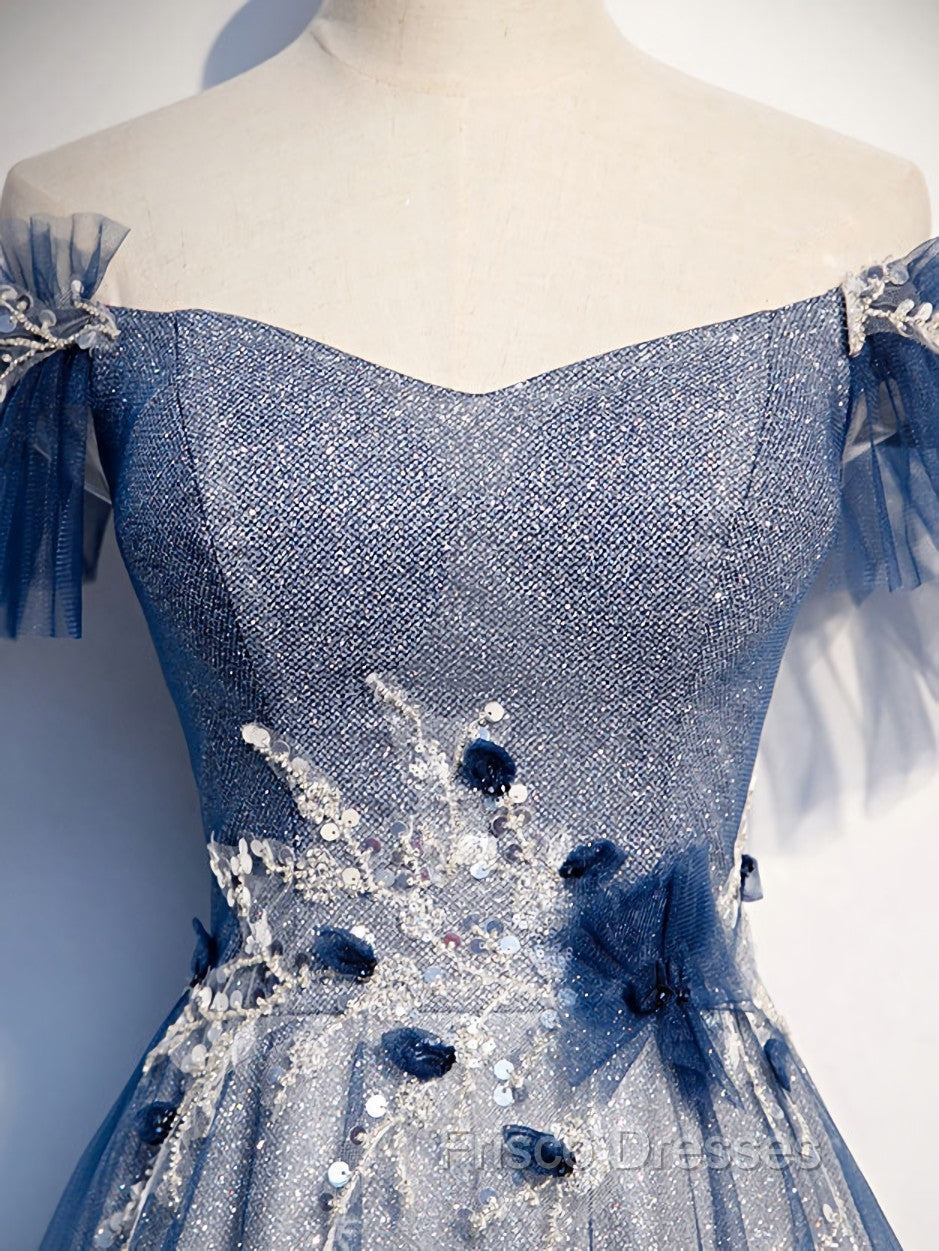 Blue Tulle Lace Long Formal Prom Dress, Blue Tulle Lace Bridesmaid Dress