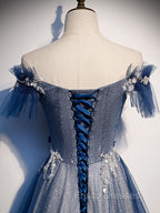 Blue Tulle Lace Long Formal Prom Dress, Blue Tulle Lace Bridesmaid Dress