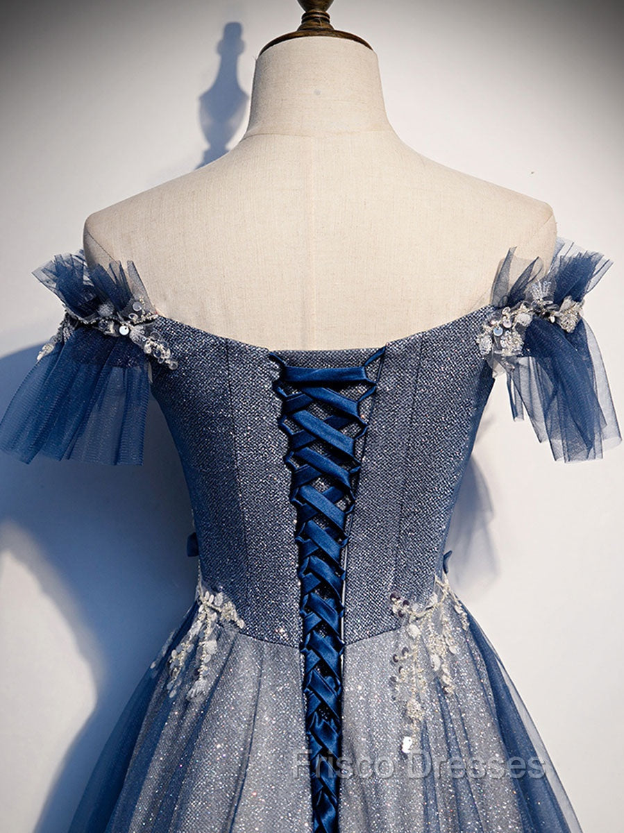 Blue Tulle Lace Long Formal Prom Dress, Blue Tulle Lace Bridesmaid Dress