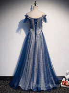 Blue Tulle Lace Long Formal Prom Dress, Blue Tulle Lace Bridesmaid Dress