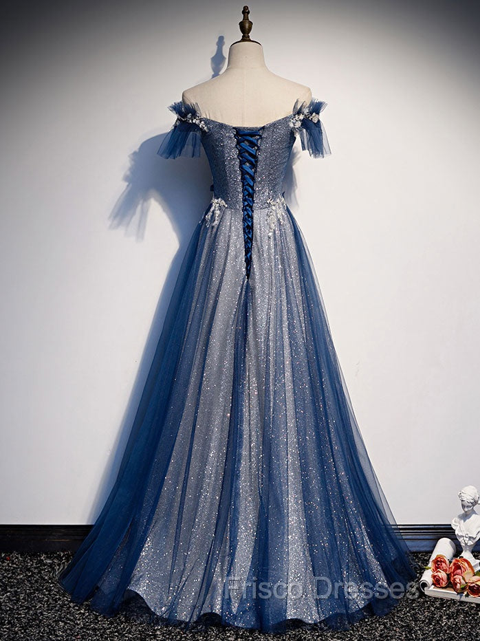 Blue Tulle Lace Long Formal Prom Dress, Blue Tulle Lace Bridesmaid Dress