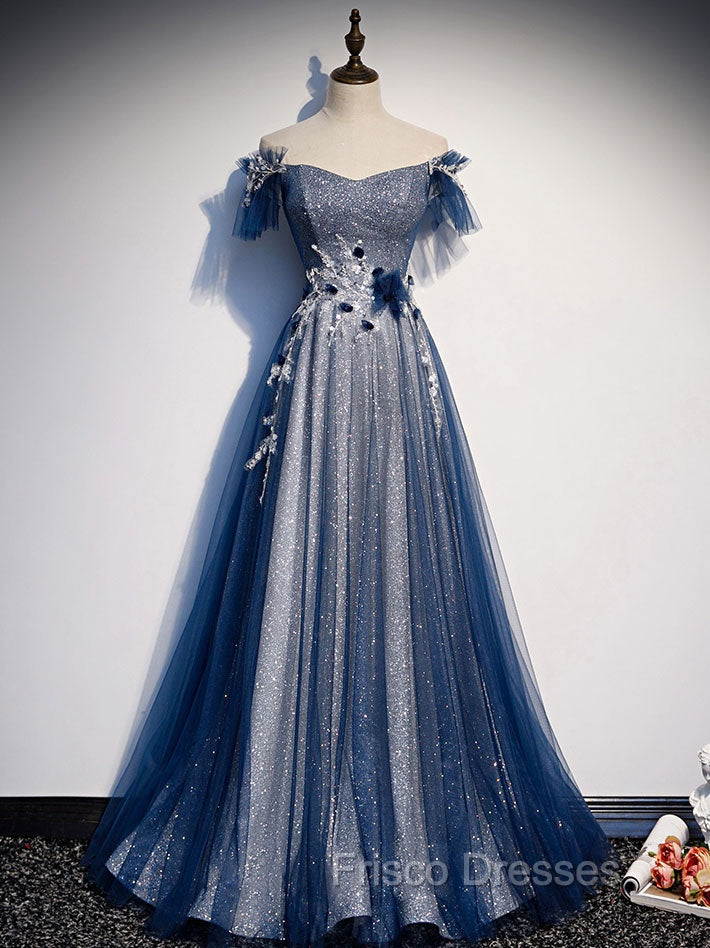 Blue Tulle Lace Long Formal Prom Dress, Blue Tulle Lace Bridesmaid Dress