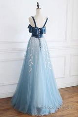 Blue Tulle Lace Long Formal Prom Dress, Blue Tulle Long Evening Dress