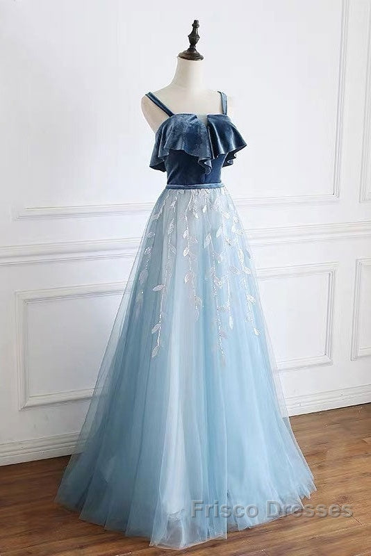 Blue Tulle Lace Long Formal Prom Dress, Blue Tulle Long Evening Dress