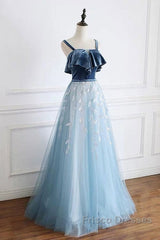 Blue Tulle Lace Long Formal Prom Dress, Blue Tulle Long Evening Dress