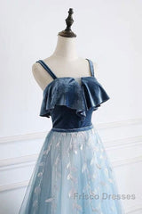 Blue Tulle Lace Long Formal Prom Dress, Blue Tulle Long Evening Dress