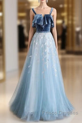 Blue Tulle Lace Long Formal Prom Dress, Blue Tulle Long Evening Dress