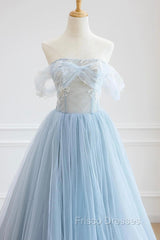 Blue Tulle Lace Long Formal Prom Dress, High Low A-Line Evening Party Dress