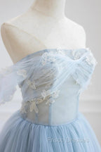 Blue Tulle Lace Long Formal Prom Dress, High Low A-Line Evening Party Dress