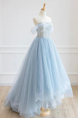 Blue Tulle Lace Long Formal Prom Dress, High Low A-Line Evening Party Dress