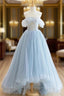Blue Tulle Lace Long Formal Prom Dress, High Low A-Line Evening Party Dress