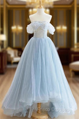 Blue Tulle Lace Long Formal Prom Dress, High Low A-Line Evening Party Dress