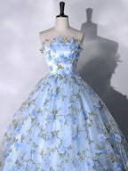 Blue Tulle Lace Long Formal Prom Dress, Ball Gown Blue Sweet 16 Dress