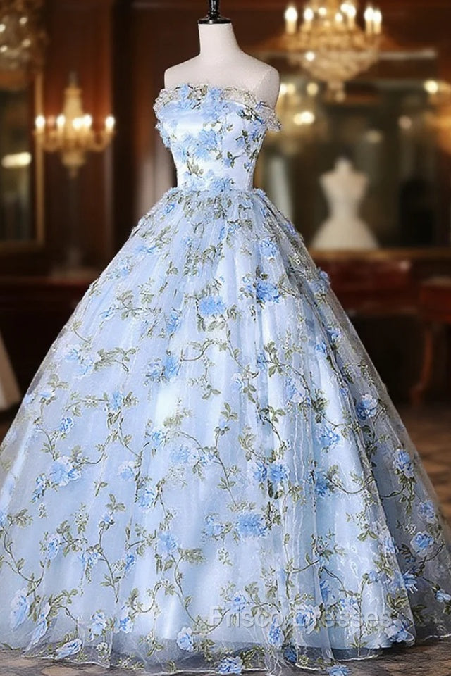 Blue Tulle Lace Long Formal Prom Dress, Ball Gown Blue Sweet 16 Dress