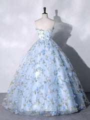 Blue Tulle Lace Long Formal Prom Dress, Ball Gown Blue Sweet 16 Dress