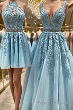 Blue Tulle Lace Formal Prom Dresses, Blue Tulle Lace Formal Evening Dresses