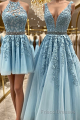 Blue Tulle Lace Formal Prom Dresses, Blue Tulle Lace Formal Evening Dresses