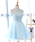 Blue tulle lace short Formal Prom Dresses, blue tulle lace homecoming Dresses
