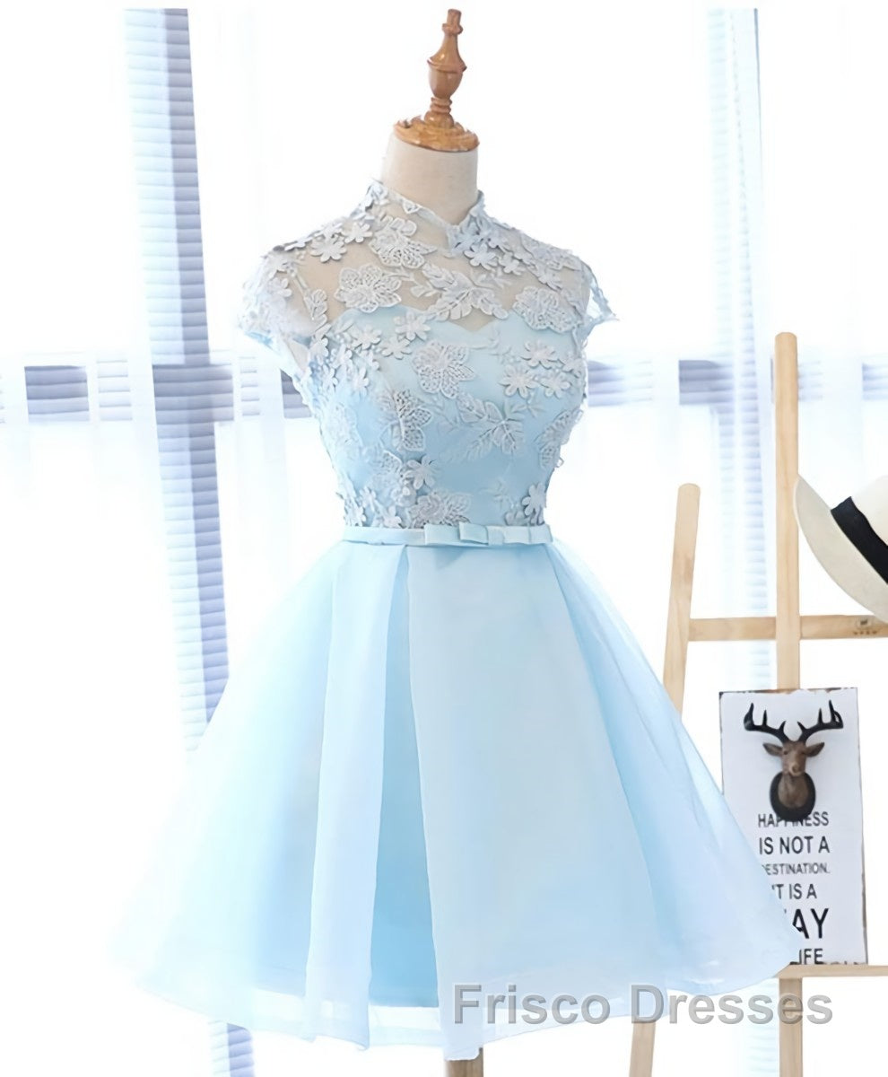 Blue tulle lace short Formal Prom Dresses, blue tulle lace homecoming Dresses