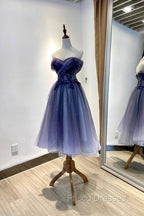 Blue Tulle Lace Short Formal Prom Dress, Off the Shoulder Evening Party Dress