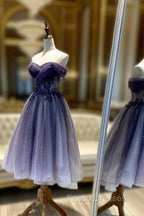 Blue Tulle Lace Short Formal Prom Dress, Off the Shoulder Evening Party Dress