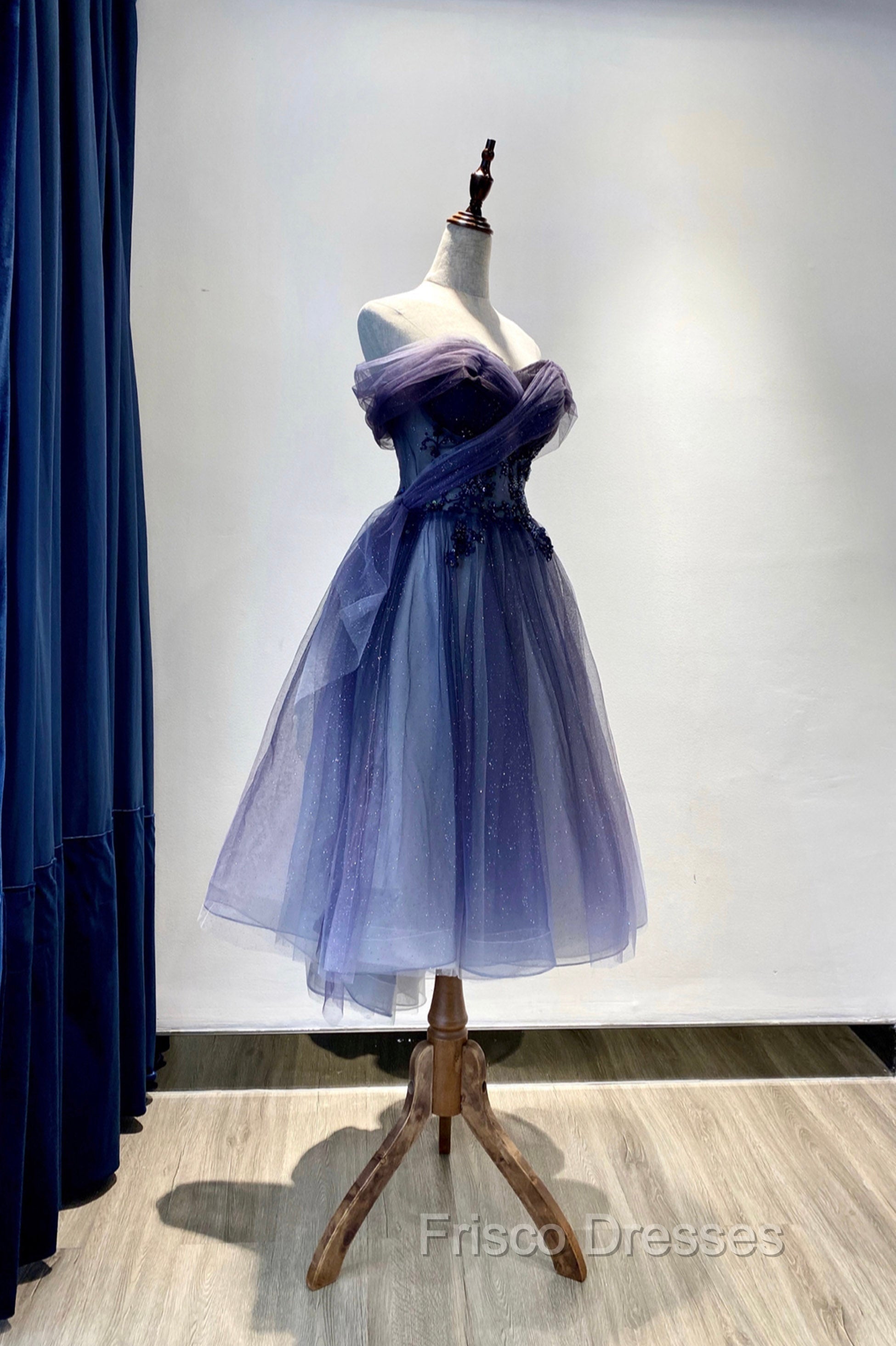 Blue Tulle Lace Short Formal Prom Dress, Off the Shoulder Evening Party Dress