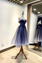 Blue Tulle Lace Short Formal Prom Dress, Off the Shoulder Evening Party Dress