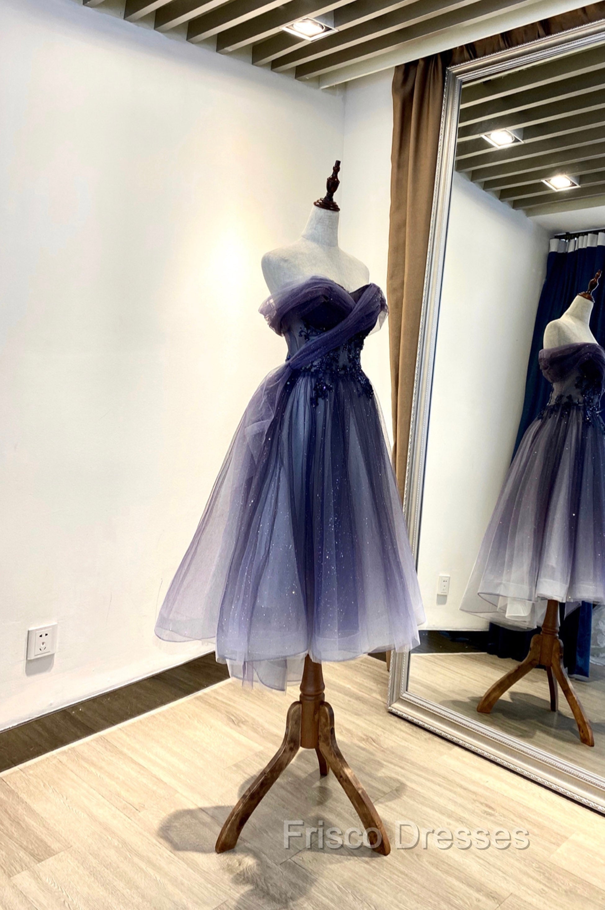 Blue Tulle Lace Short Formal Prom Dress, Off the Shoulder Evening Party Dress