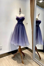 Blue Tulle Lace Short Formal Prom Dress, Off the Shoulder Evening Party Dress