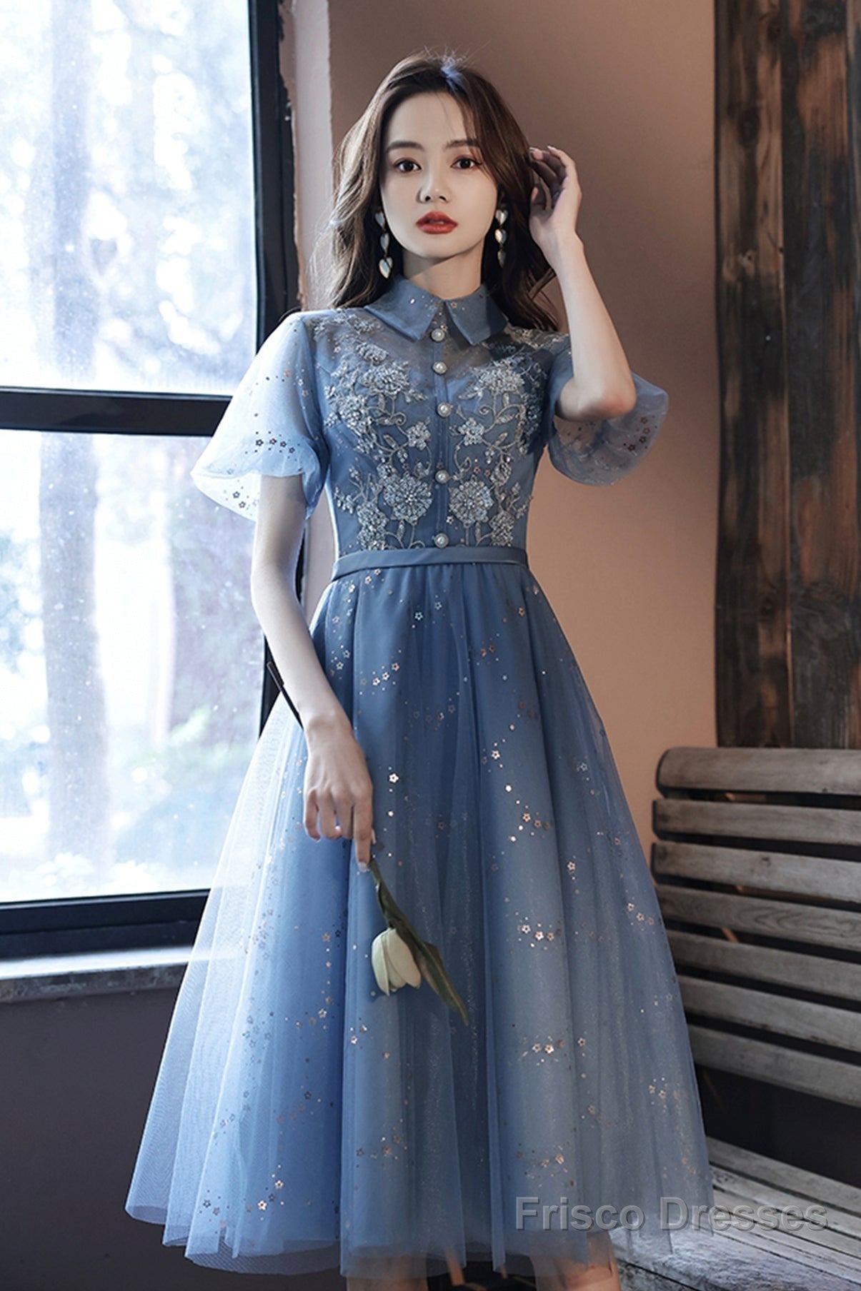 Blue Tulle Lace Short Prom Dresses, A-Line Homecoming Dresses Main image