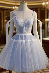 Blue Tulle Lace Straps Homecoming Dress