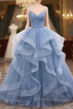 Blue Tulle Layers Long Formal Dress, Blue Tulle with Straps Party Dress