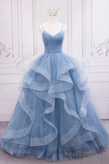 Blue Tulle Layers Long Party Dress Prom Dress, Beautiful Sweet 16 Dresses