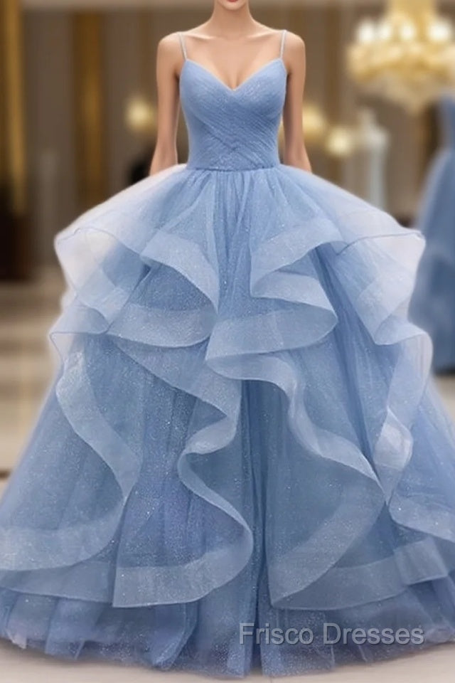 Blue Tulle Layers Long Party Dress Formal Prom Dress, Beautiful Sweet 16 Dress