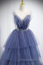Blue Tulle Layers Long Formal Prom Dress, A-Line Spaghetti Strap Party Dress