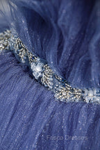 Blue Tulle Layers Long Formal Prom Dress, A-Line Spaghetti Strap Party Dress