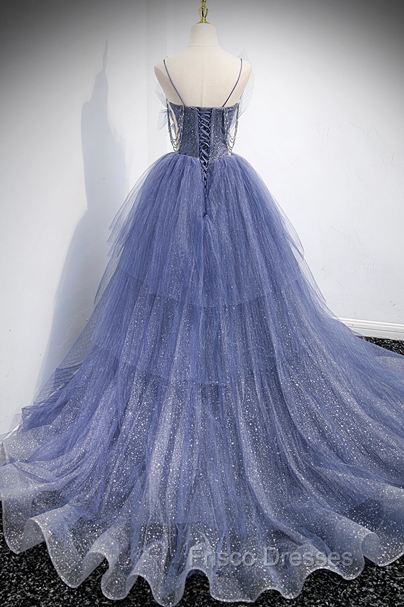 Blue Tulle Layers Long Formal Prom Dress, A-Line Spaghetti Strap Party Dress