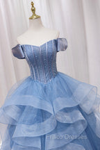 Blue Tulle Layers Long Formal Prom Gown, A-Line Blue Evening Dress
