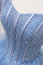 Blue Tulle Layers Long Formal Prom Gown, A-Line Blue Evening Dress
