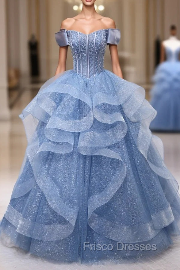 Blue Tulle Layers Long Formal Prom Gown, A-Line Blue Evening Dress