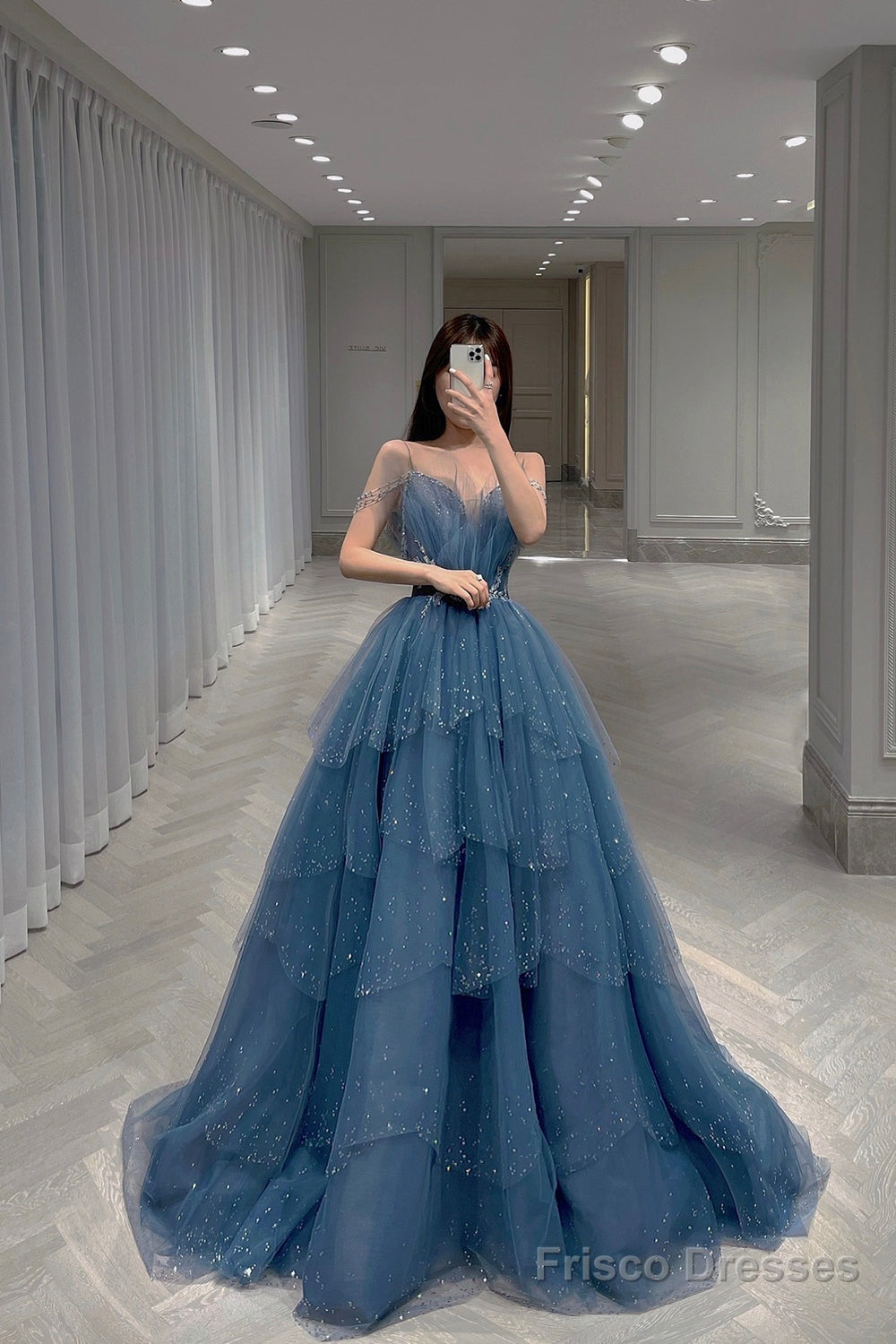 Blue Tulle Layers Straps Beaded Long Formal Dress, Beautiful A-Line Prom Dress Main image