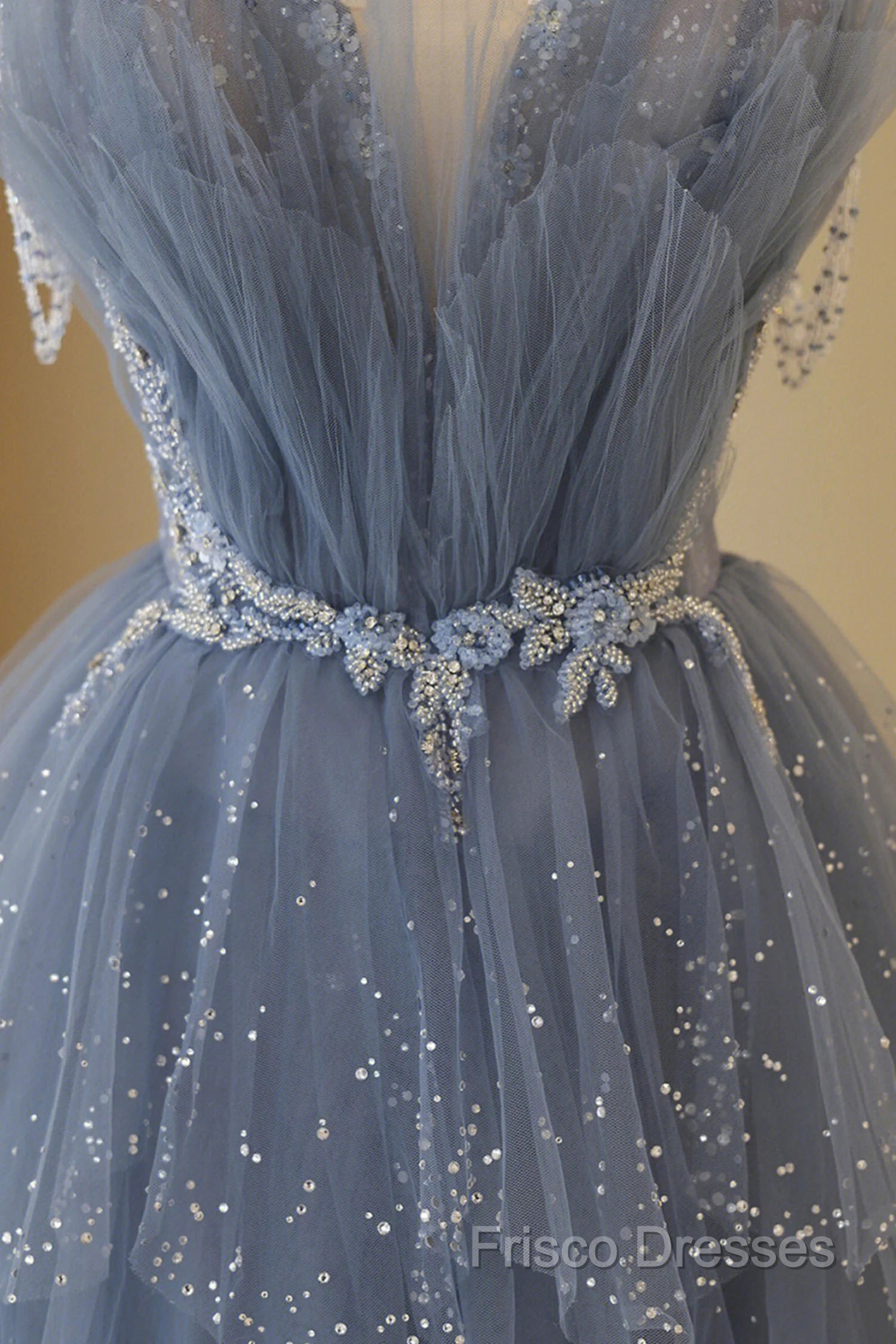 Blue Tulle Layers Straps Beaded Long Formal Prom Dress, Blue A-Line Formal Dress