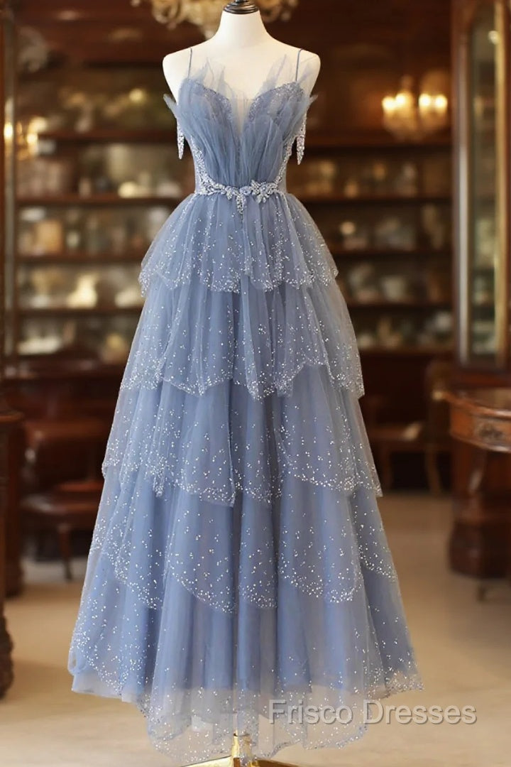 Blue Tulle Layers Straps Beaded Long Formal Prom Dress, Blue A-Line Formal Dress Main image