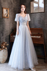 Blue Tulle Long  A-Line Formal Dresses, Shiny V-Neck Evening Dresses