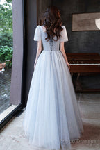Blue Tulle Long  A-Line Formal Dresses, Shiny V-Neck Evening Dresses